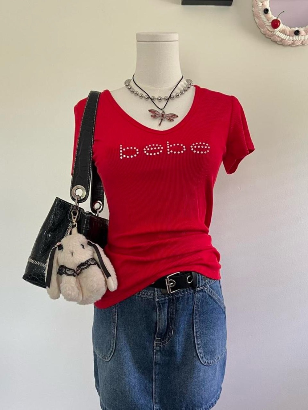 bebe Red Rhinestone Logo Ribbed Short Sleeve Tee - Picture 2 of 7